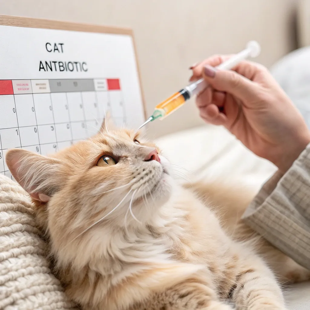 Administering liquid antibiotics to a cat, highlighting owner compliance in cat antibiotic treatment.