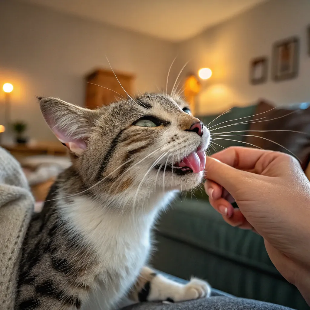  Cat licking owner’s hand, showing feline affection in a cozy setting.