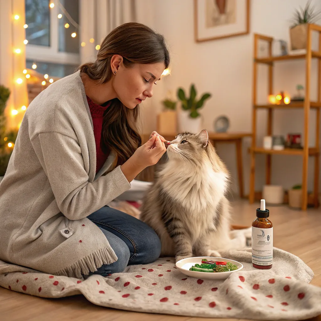  Cat owner administering antibiotics to a cat at home, ensuring proper cat antibiotic duration.