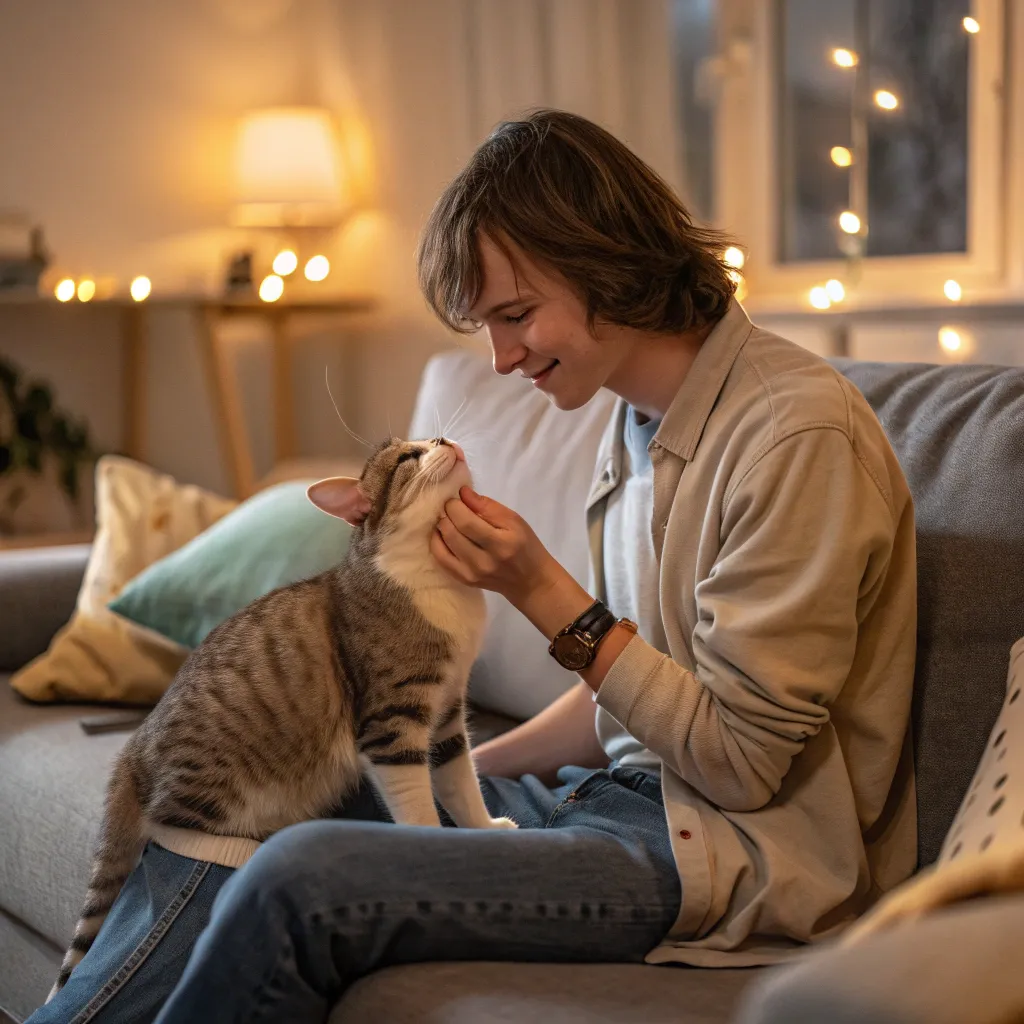  Cat licking owner’s hand during petting, showing trust and affection.