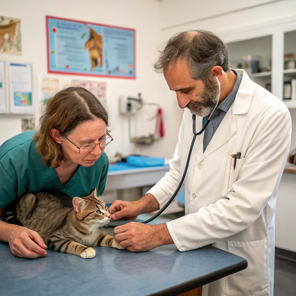 Veterinarian checking a cat to determine safe antibiotic treatment duration for cats.