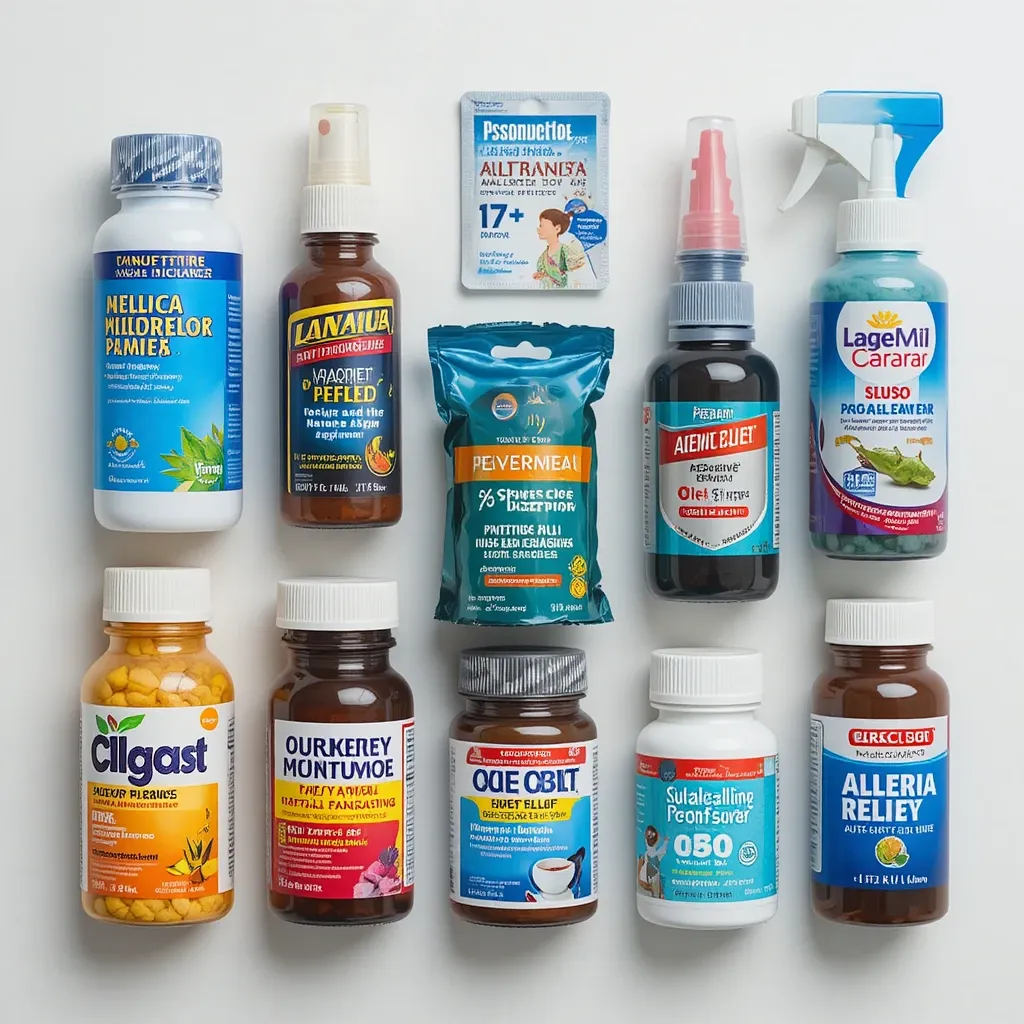 Allergy relief products, including antihistamines and nasal sprays for cat allergies.