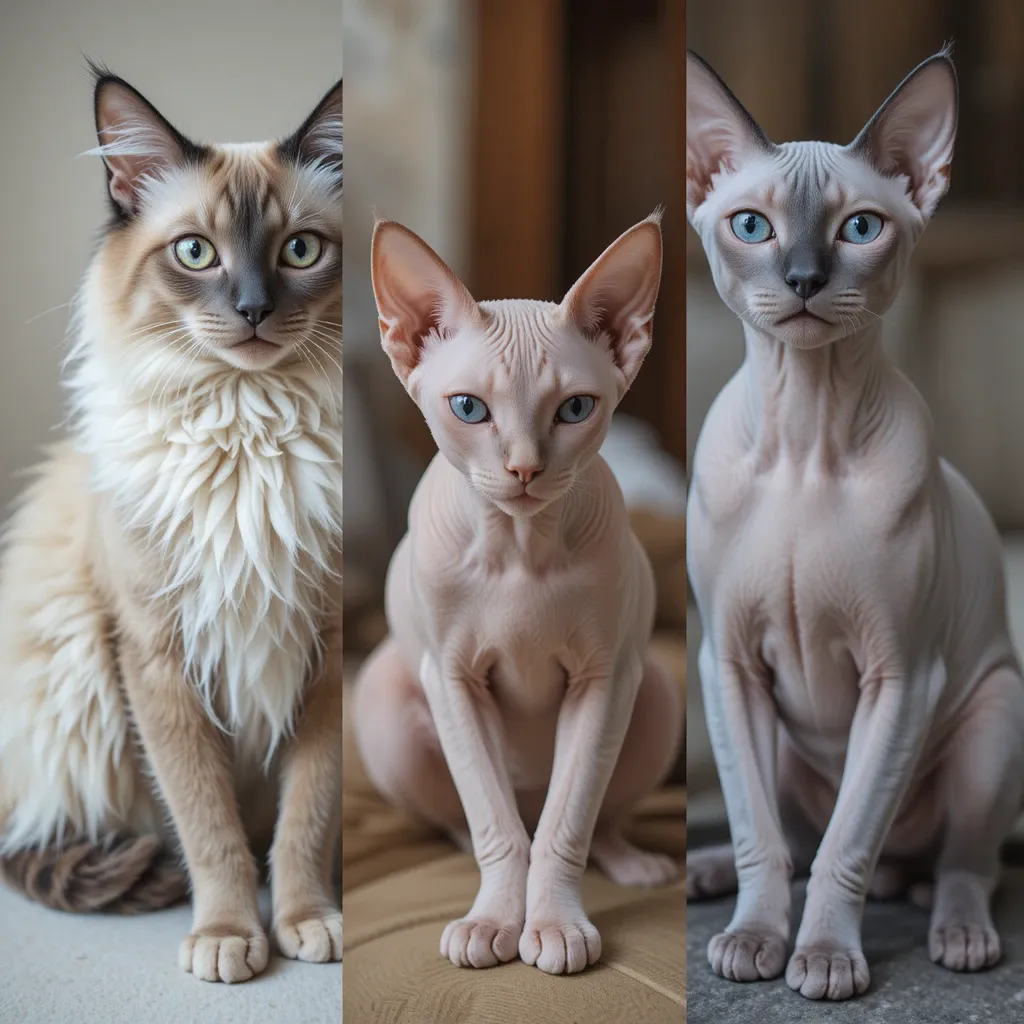 Collage of hypoallergenic cat breeds including Siberian, Sphynx, and Russian Blue.