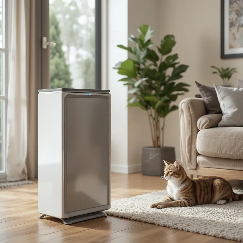 HEPA air purifier in a living room, reducing cat allergens.