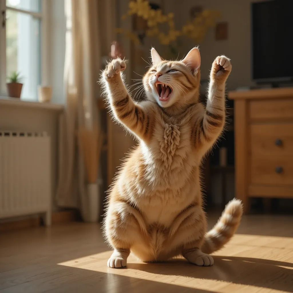 Female cat in heat lifting bum and crying, showing estrus behavior.