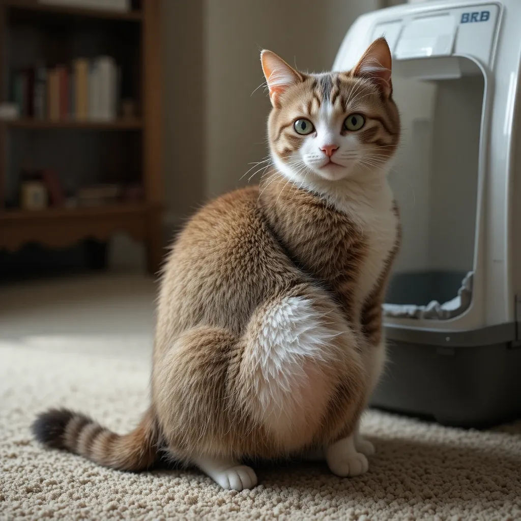Cat showing discomfort signs with raised bum near litter box, indicating possible health issues.