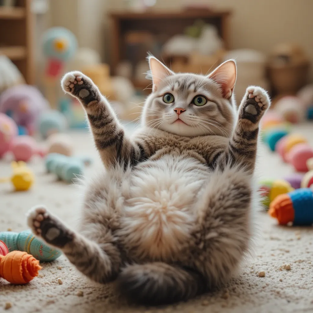  Cat in heat rolling and lifting bum, showing hormonal behavior with toys nearby.