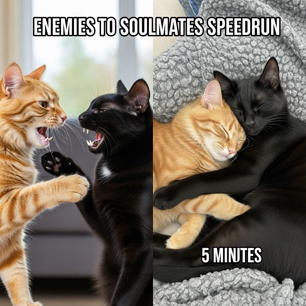 Funny cat friendship meme showing enemies to besties in 5 minutes flat