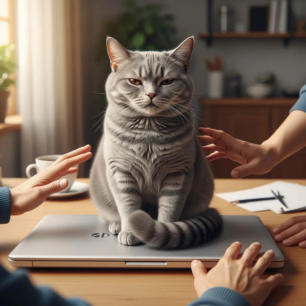 Cat demanding attention by blocking laptop – classic attention-seeking behavior