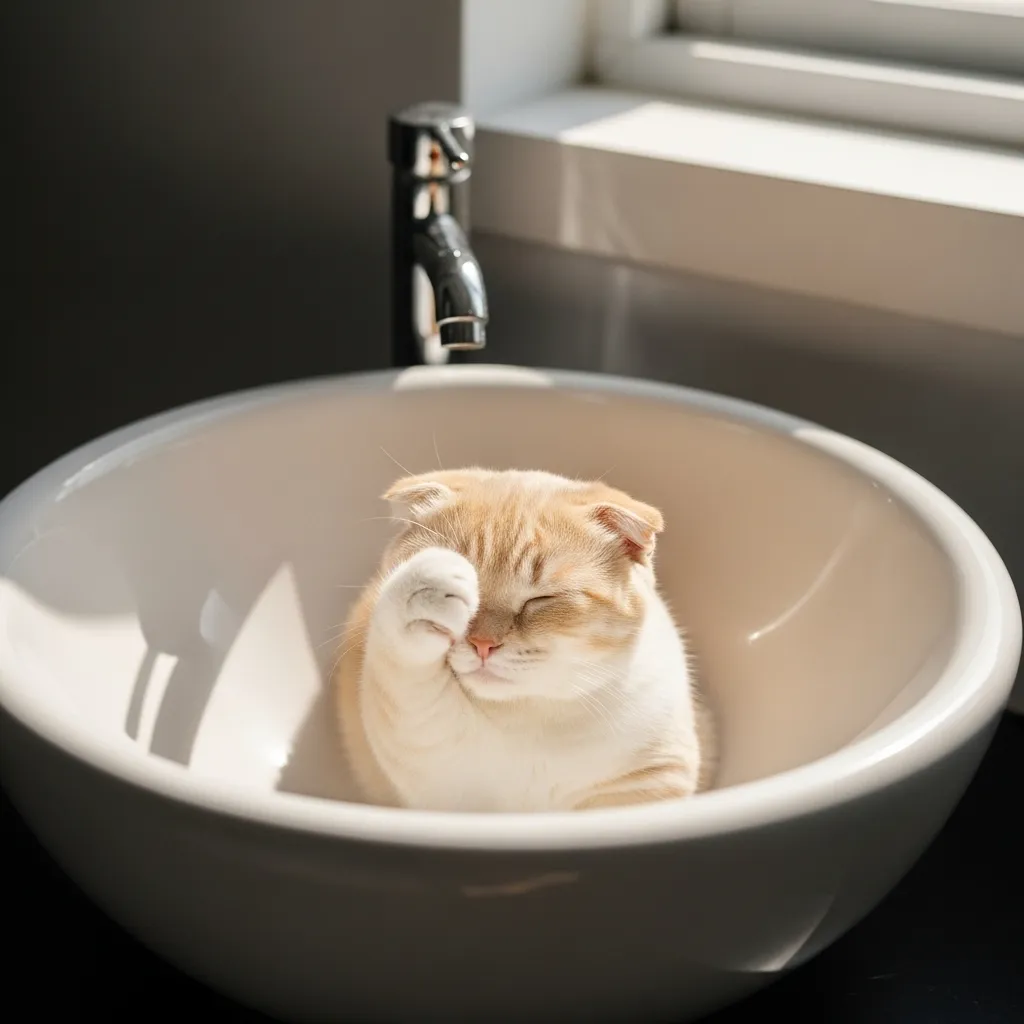 Cute sleepy cat meme: Munchkin napping in sink – peak cozy vibes 🛁😴