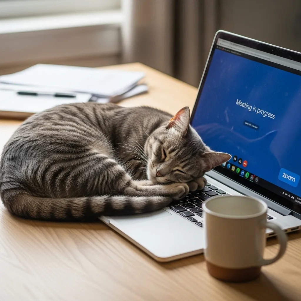 Hilarious work from home cat meme: tabby sleeping on laptop during Zoom 😸💻