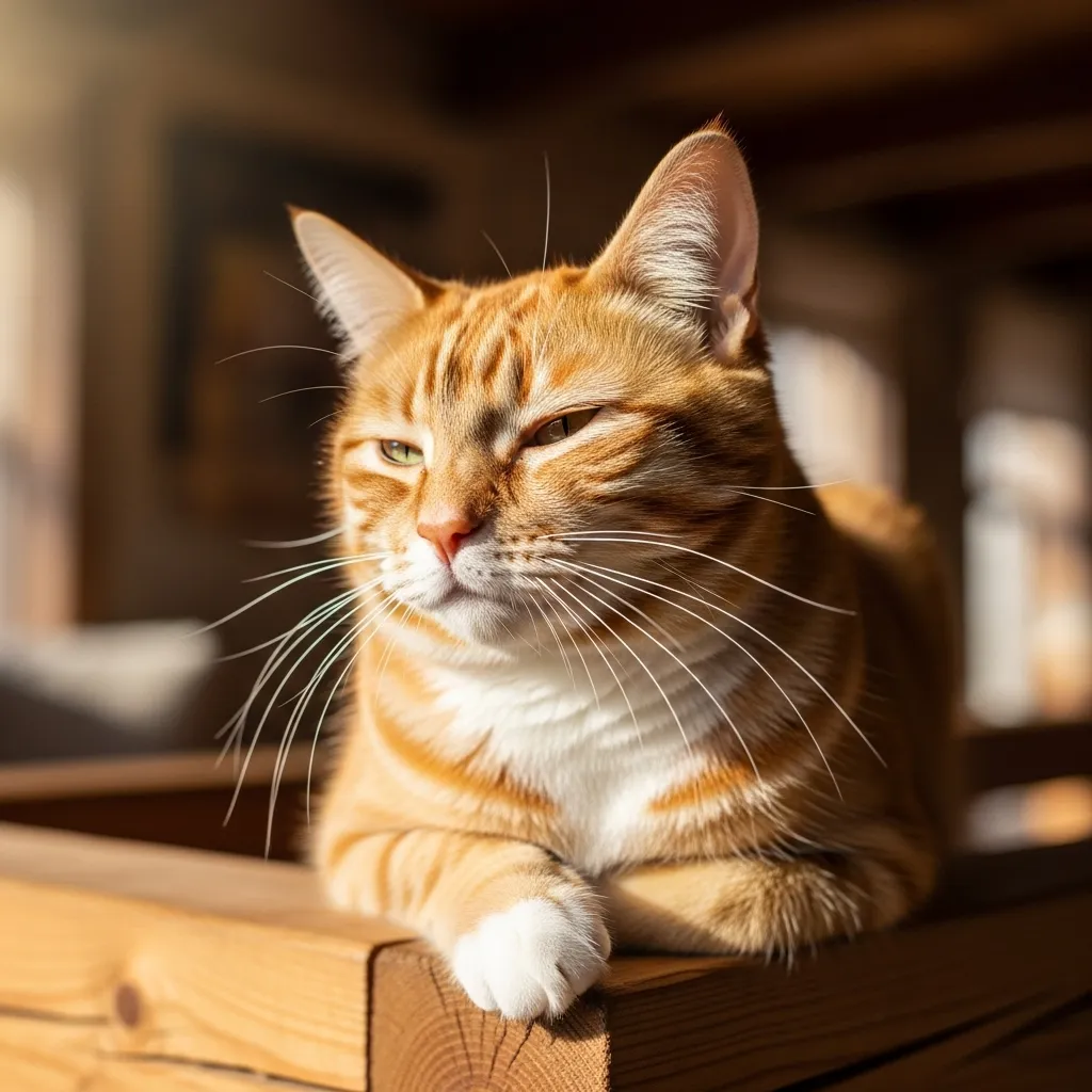 Happy relaxed cat giving slow blink from high perch – the ultimate sign you’re doing it right