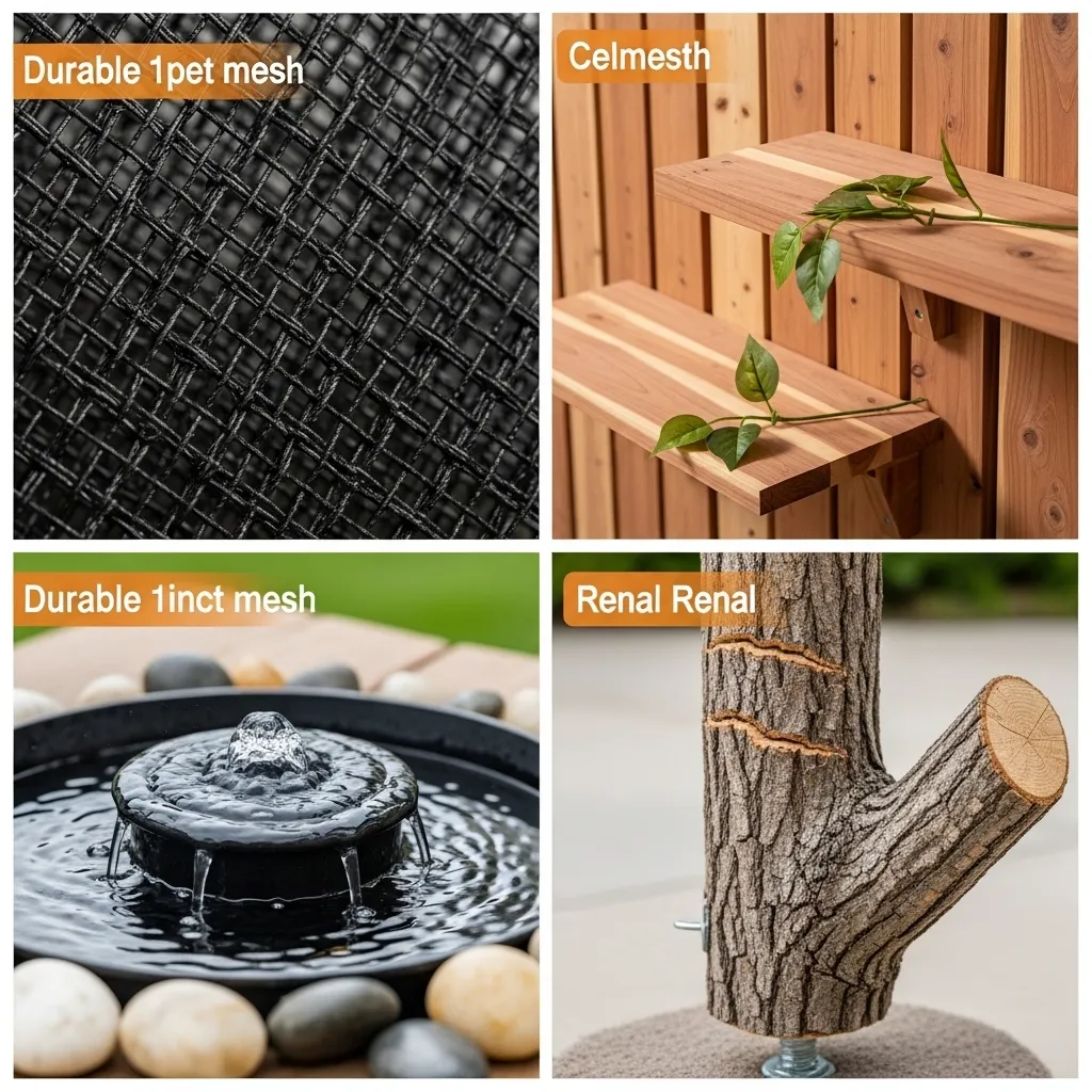 Essential catio features: escape-proof mesh, vertical perches, fresh water, natural scratching surfaces