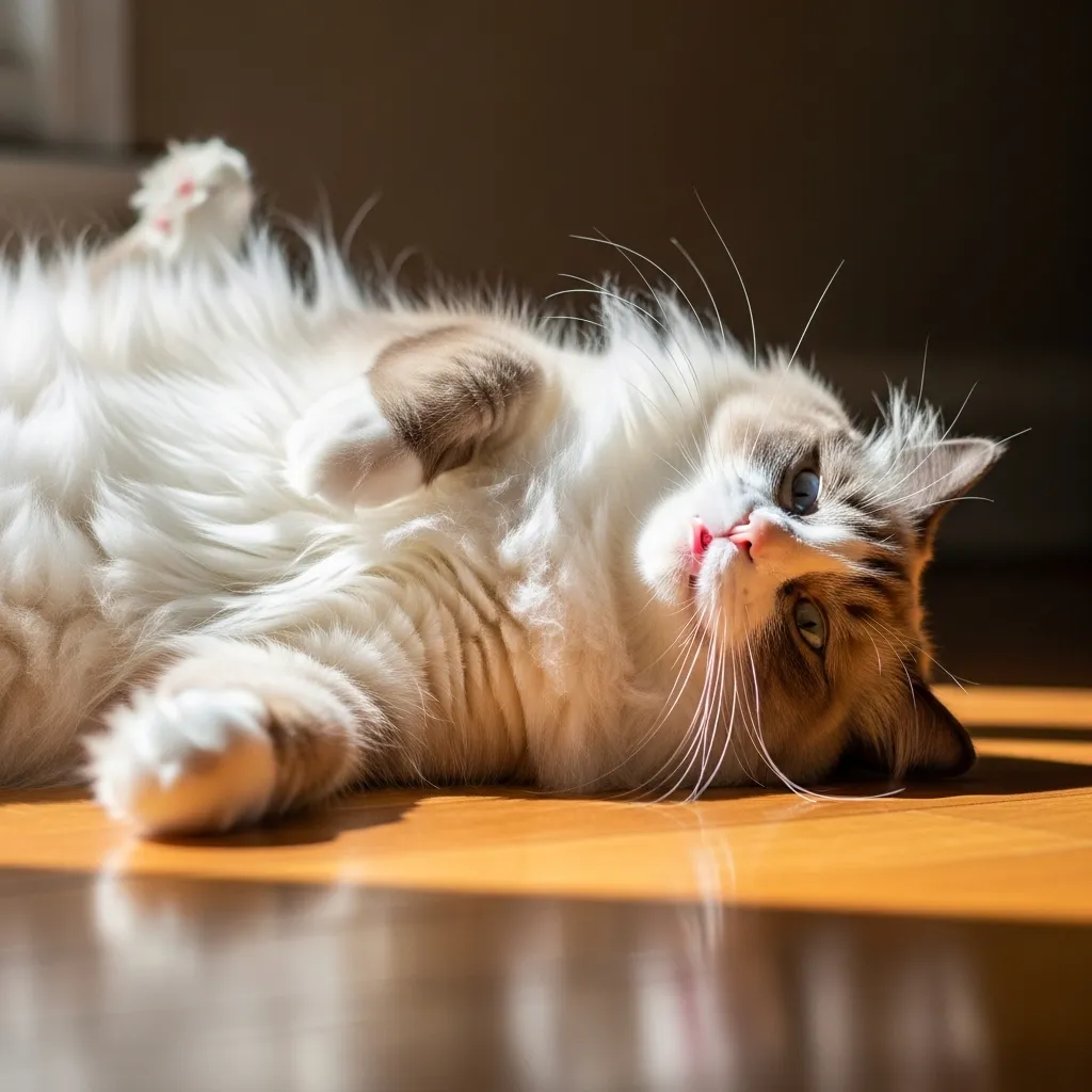Weekend mood cat meme: Ragdoll cat belly up in sunbeam, pure bliss 😻
