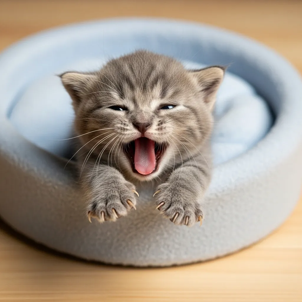 Cute lazy kitten meme: baby cat yawning with full stretch 😺