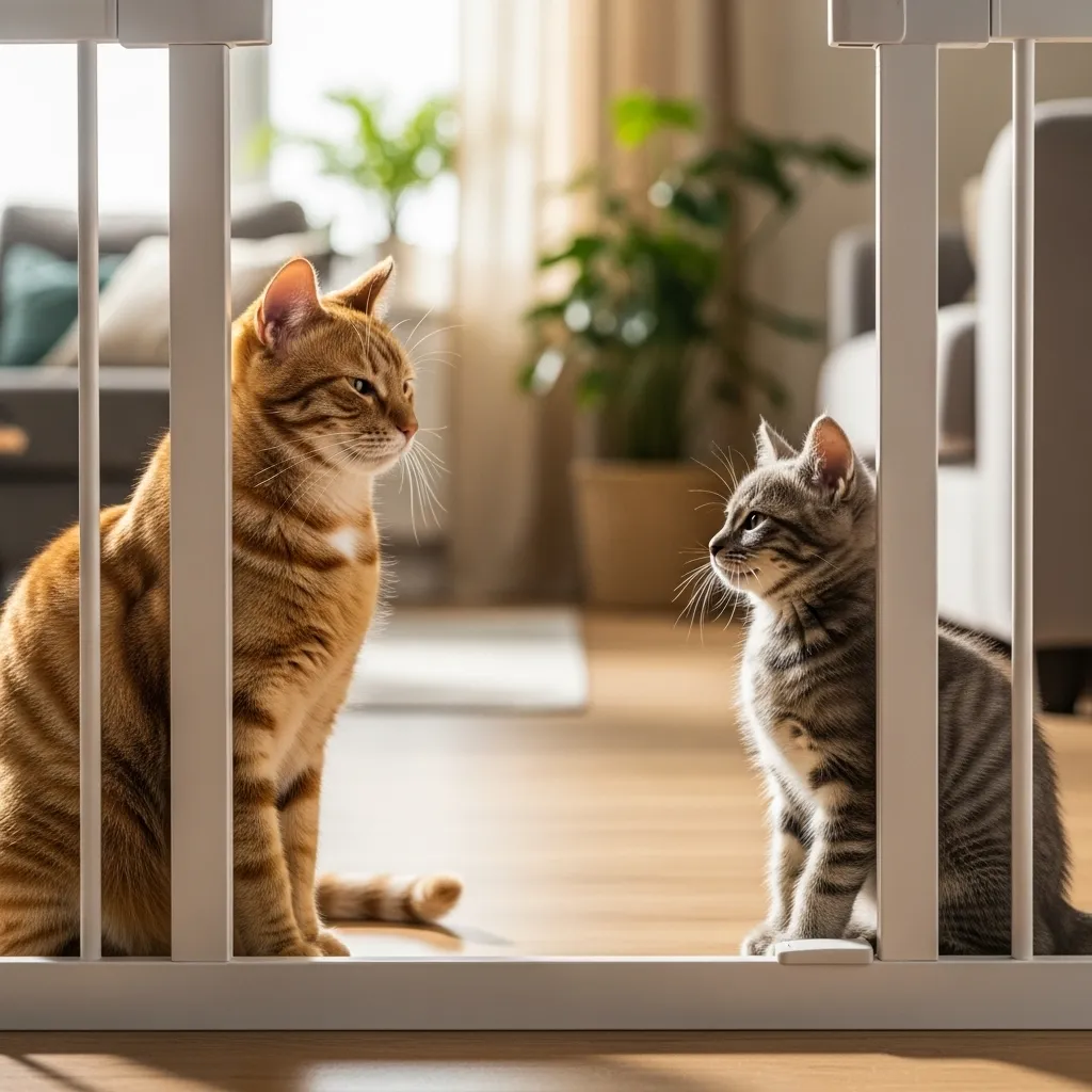 Adult cat and kitten during safe visual introduction through baby gate – step 4 of slow cat introduction method