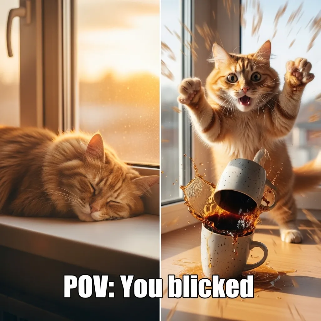 Cat chaos meme split-screen: calm vs. mid-air coffee disaster – hilarious cat fail 2025