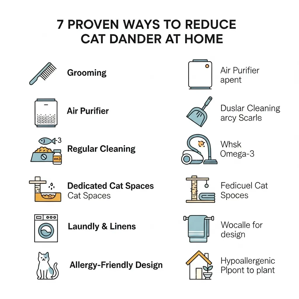Infographic showing the 7 most effective cat dander reduction methods