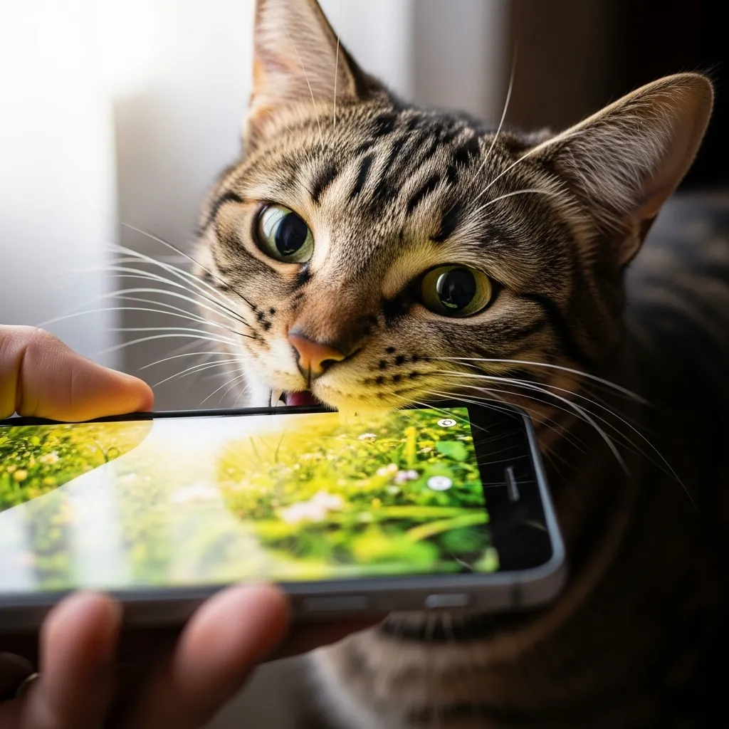 Cat biting phone screen – classic example of prey-drive trigger in domestic cats