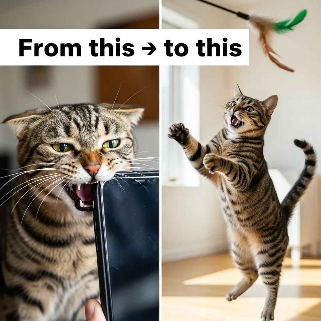 Before and after enrichment – cat biting phone vs playing with proper prey toy