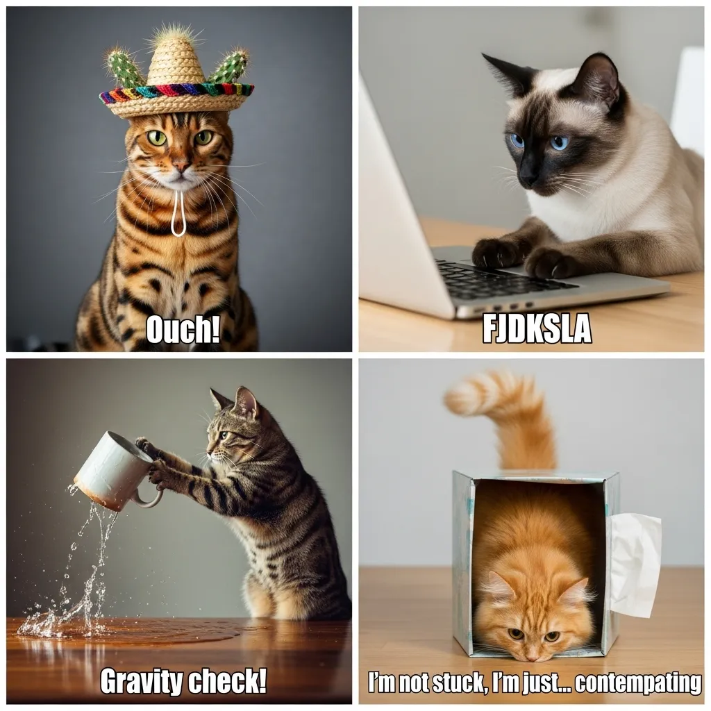 2025 viral cat chaos memes collage: cactus sombrero, keyboard smash, mug push, tissue box fail