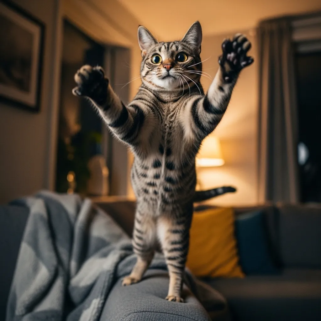 Cat zoomies in action – tabby cat leaping over couch at night