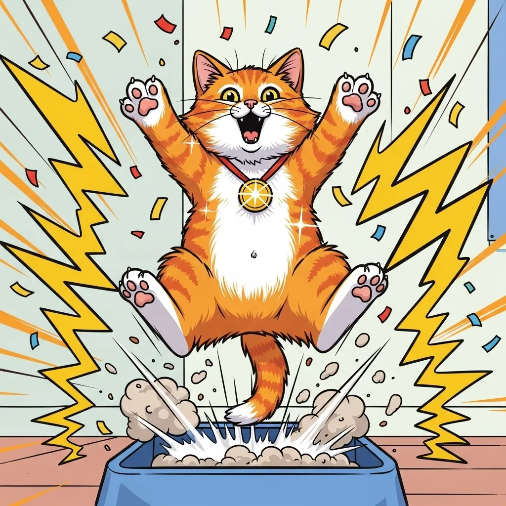 Cat zoomies after using litter box – post-poop victory lap meme