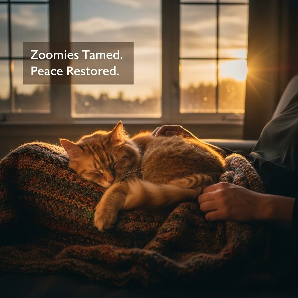 Calm cat after managed zoomies – the goal of enrichment and routine