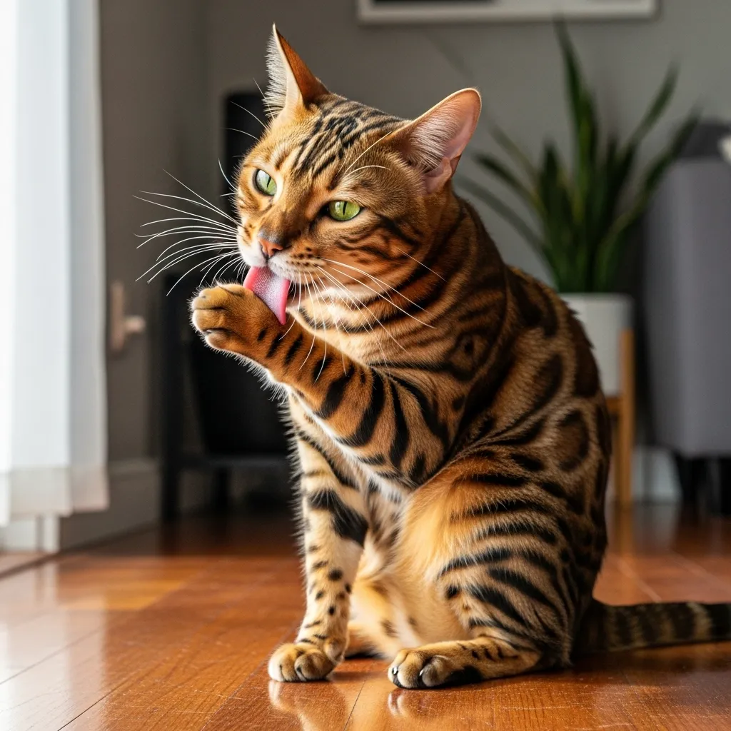 Cat sitting upright with puffed tail showing stress signals