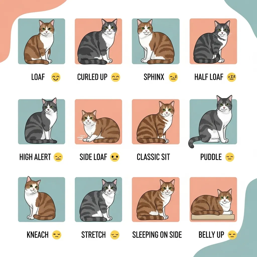 Cat sitting positions infographic chart with meanings and moods