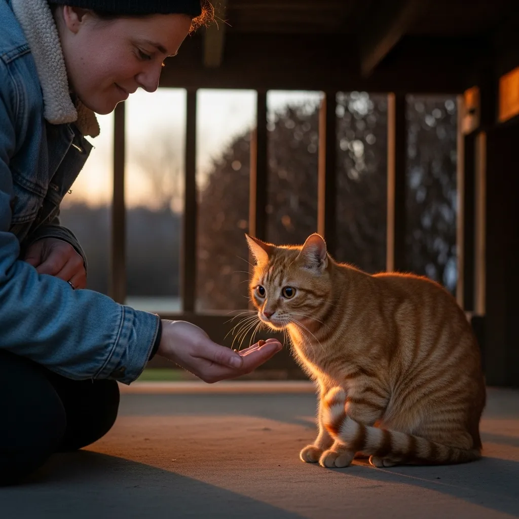 Person helping a stray tabby cat under porch at sunset – humane stray cat care in action