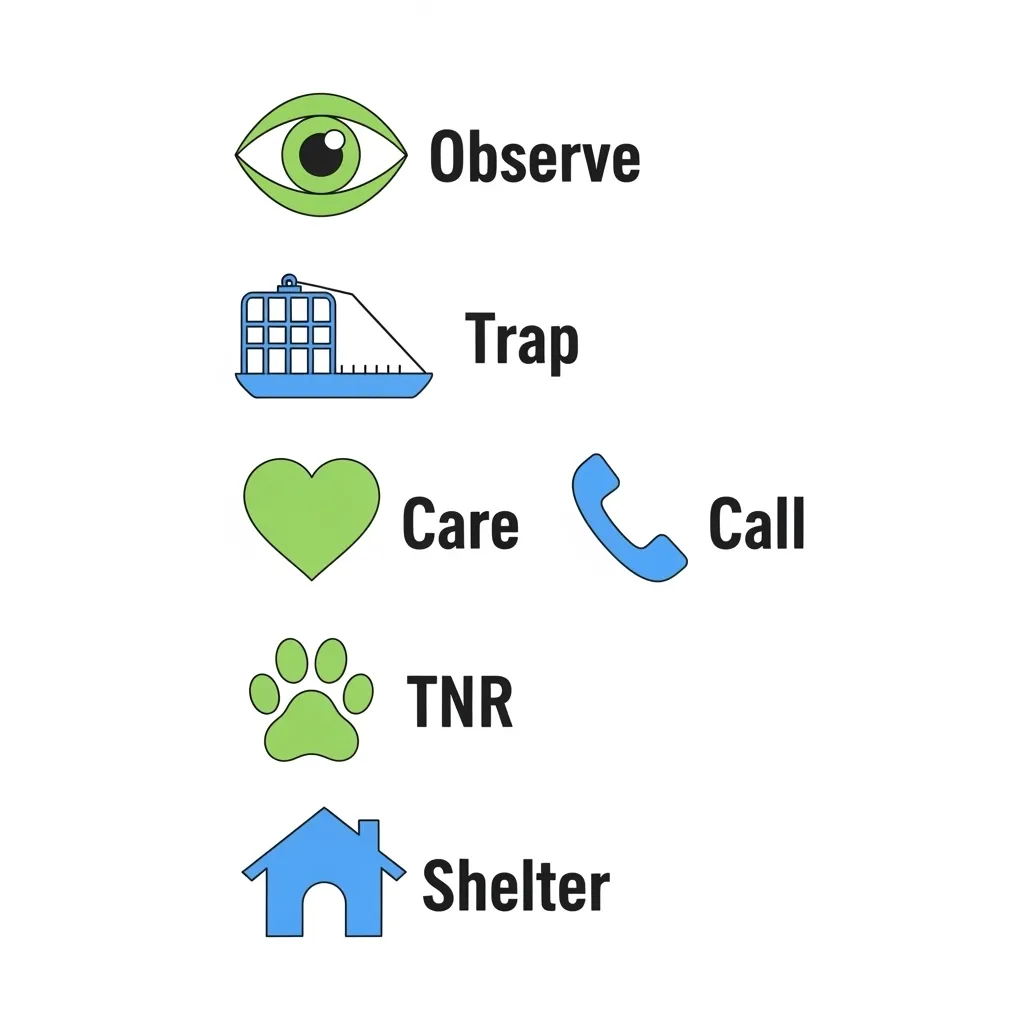 Quick checklist for stray cat rescue: observe, trap, care, contact, TNR, shelter