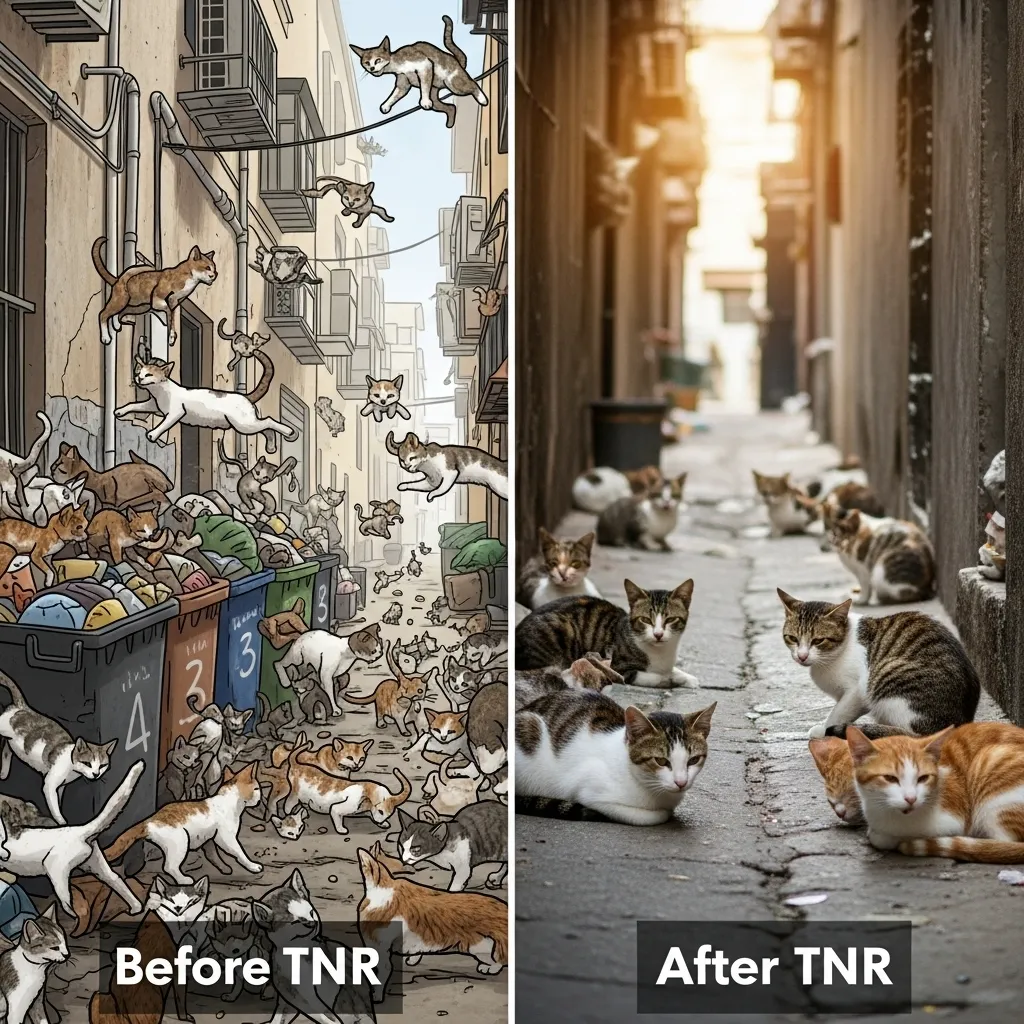 Before and after TNR program success – reduced stray cat population and calmer colony