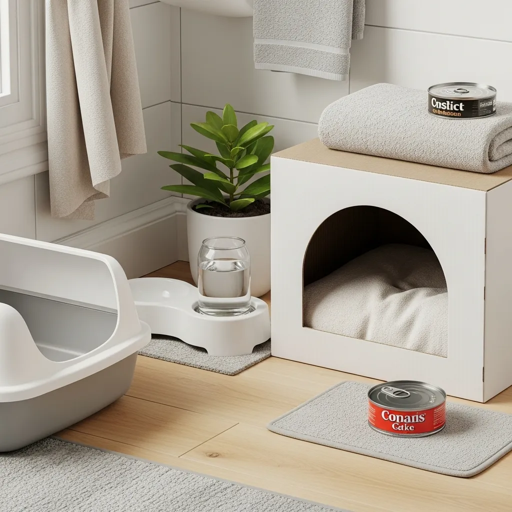 Safe temporary home setup for stray cat – quarantine space with essentials