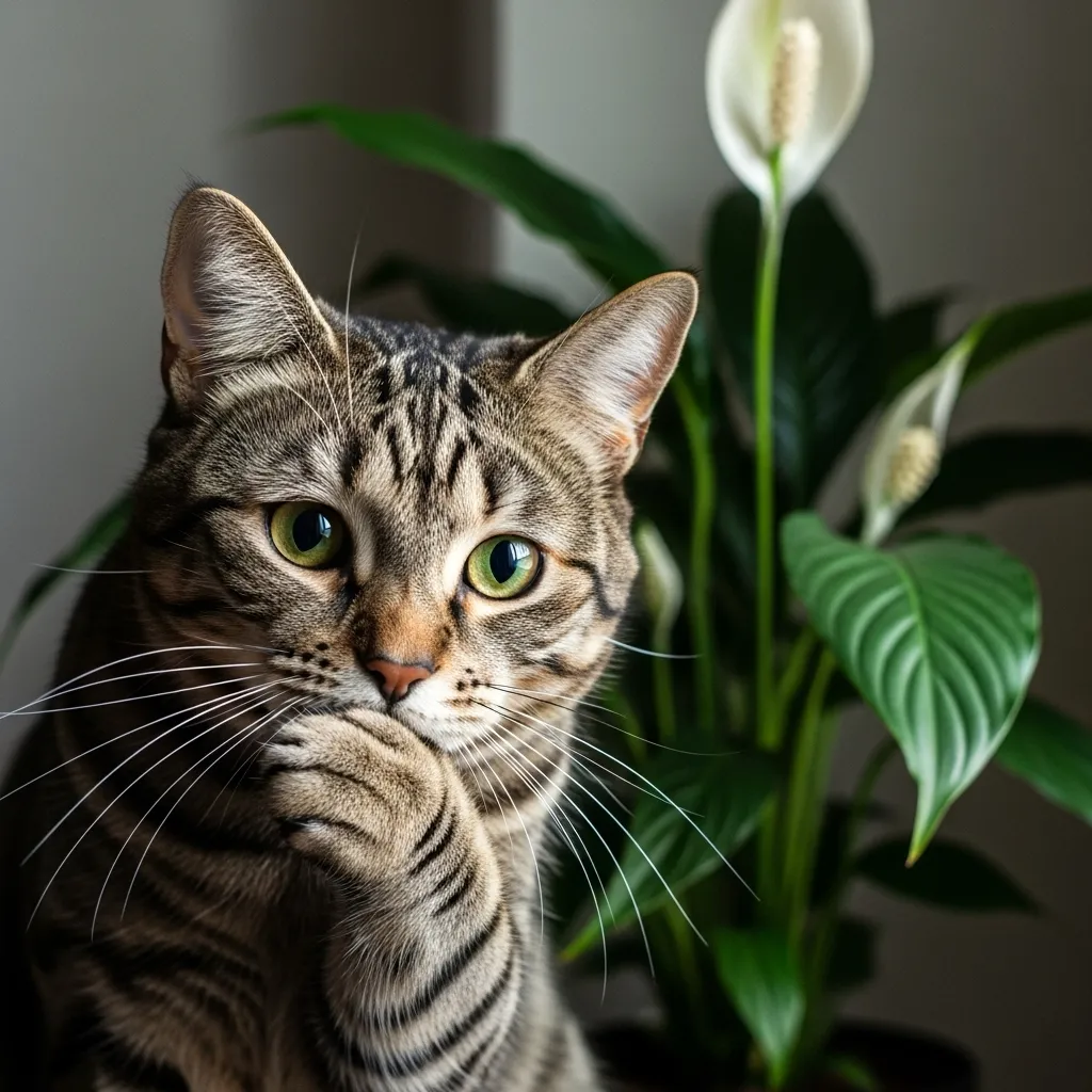 Cat showing signs of peace lily poisoning – pawing at mouth after eating toxic plant