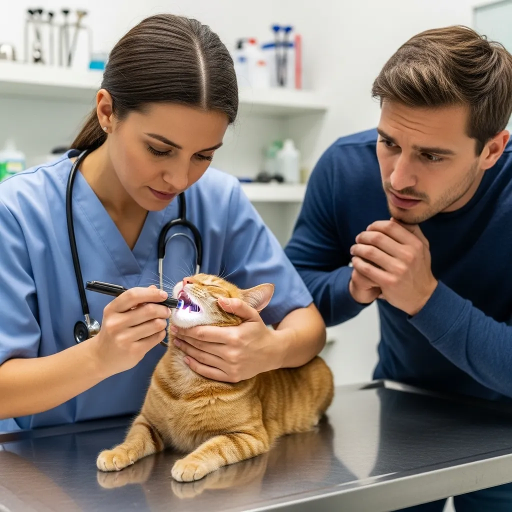 Vet treating cat for peace lily ingestion with oral exam and pain relief