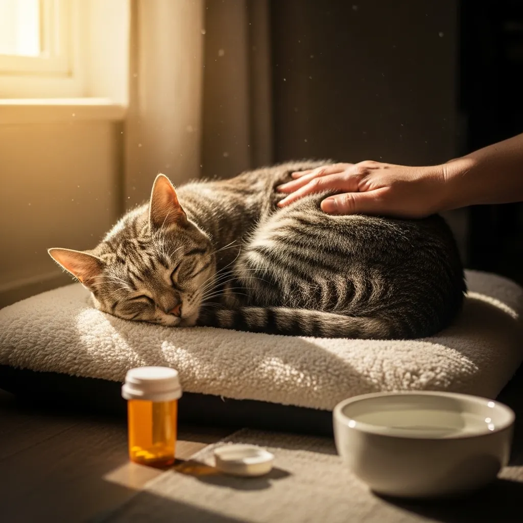 Senior cat resting comfortably during palliative cancer care at home