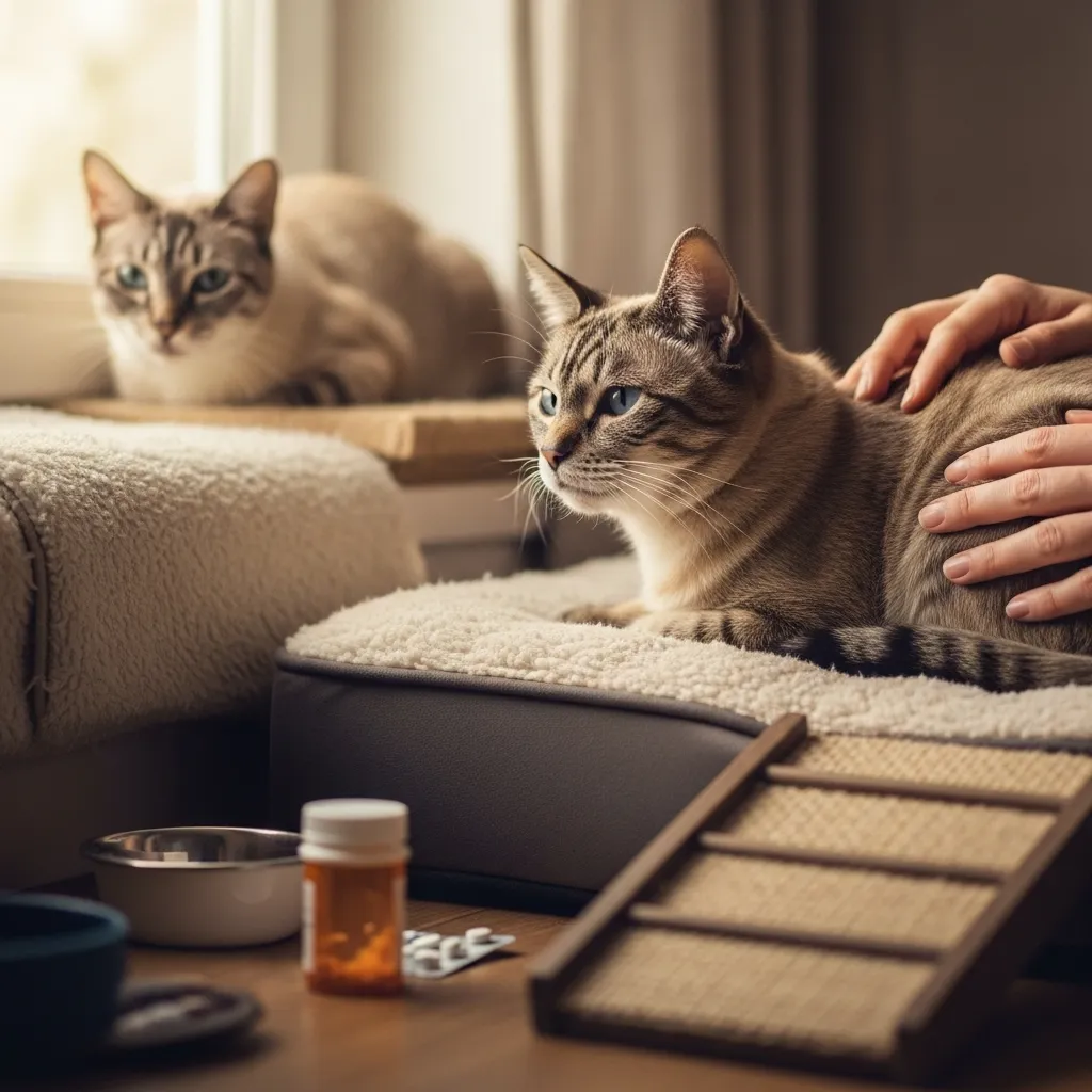 Siamese cat with cancer showing reduced activity and hiding behavior