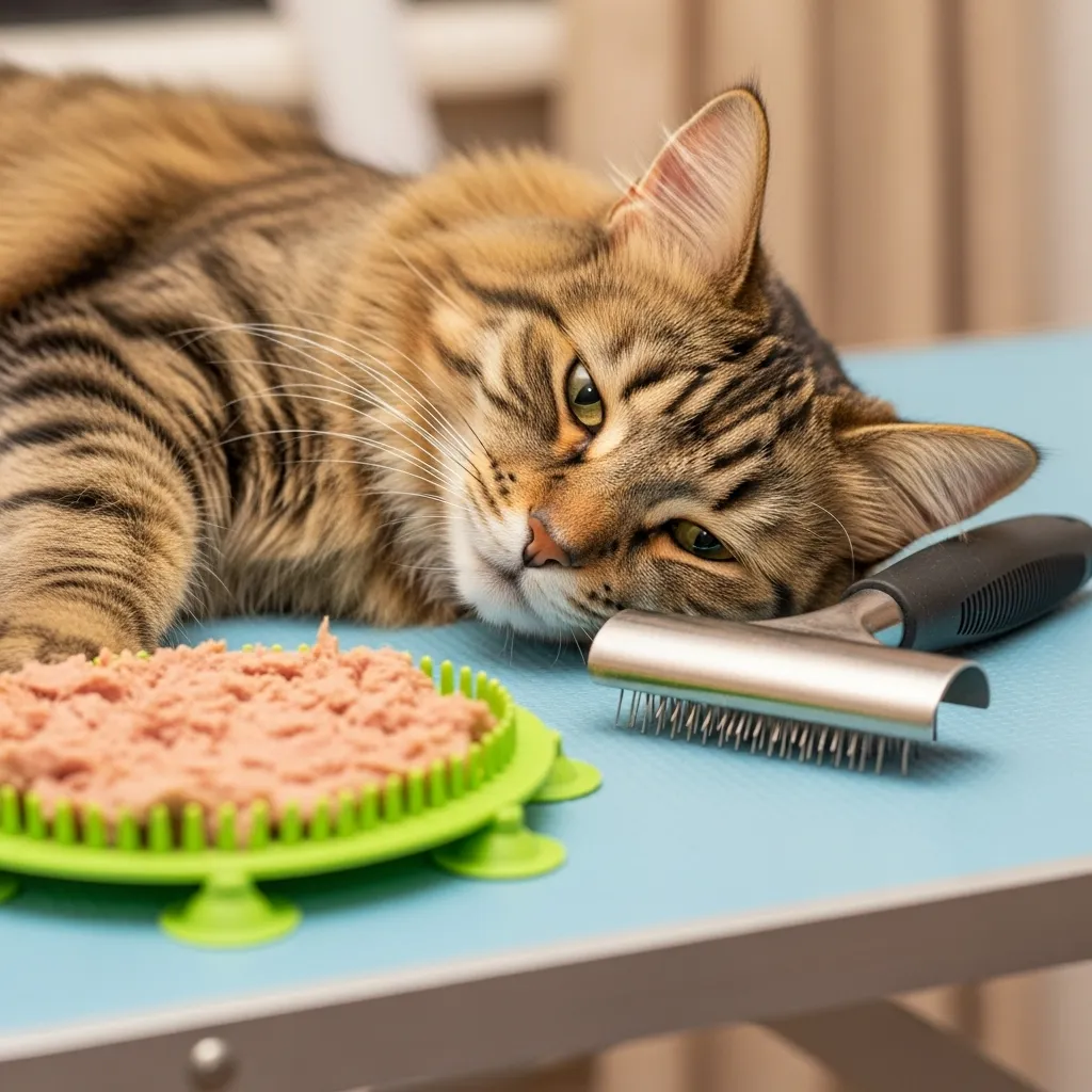 Calm cat ready for grooming with brush and lick mat – perfect setup for anxious cats