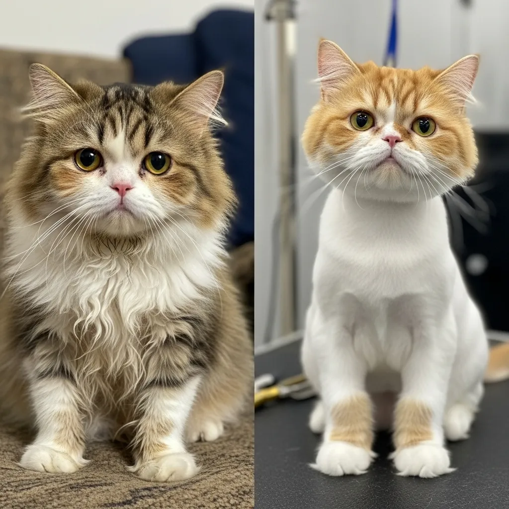 Before and after grooming a long-haired cat – dramatic mat removal transformation
