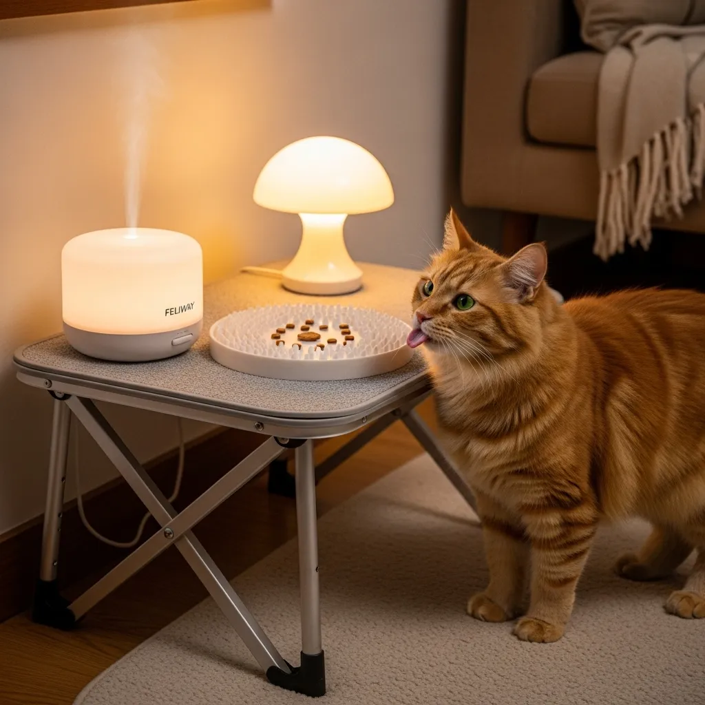 DIY cat grooming setup with non-slip mat, treats, and calming diffuser