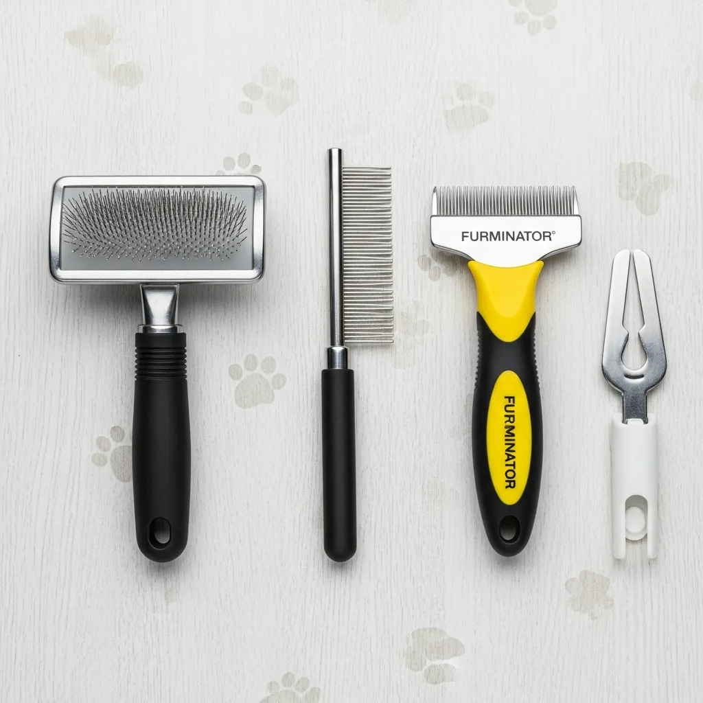 Best cat grooming tools laid out – slicker brush, comb, and de-shedder