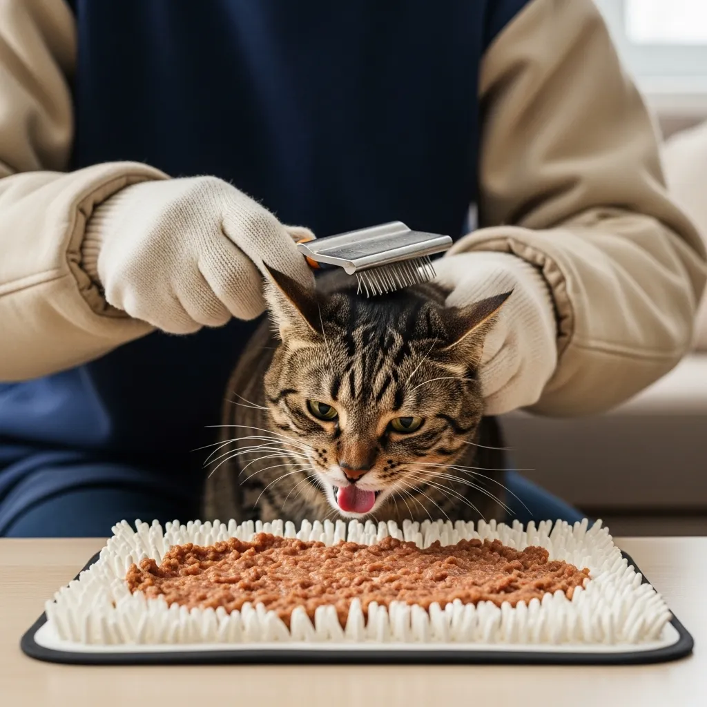 How to groom an aggressive cat safely with protective gear and distraction
