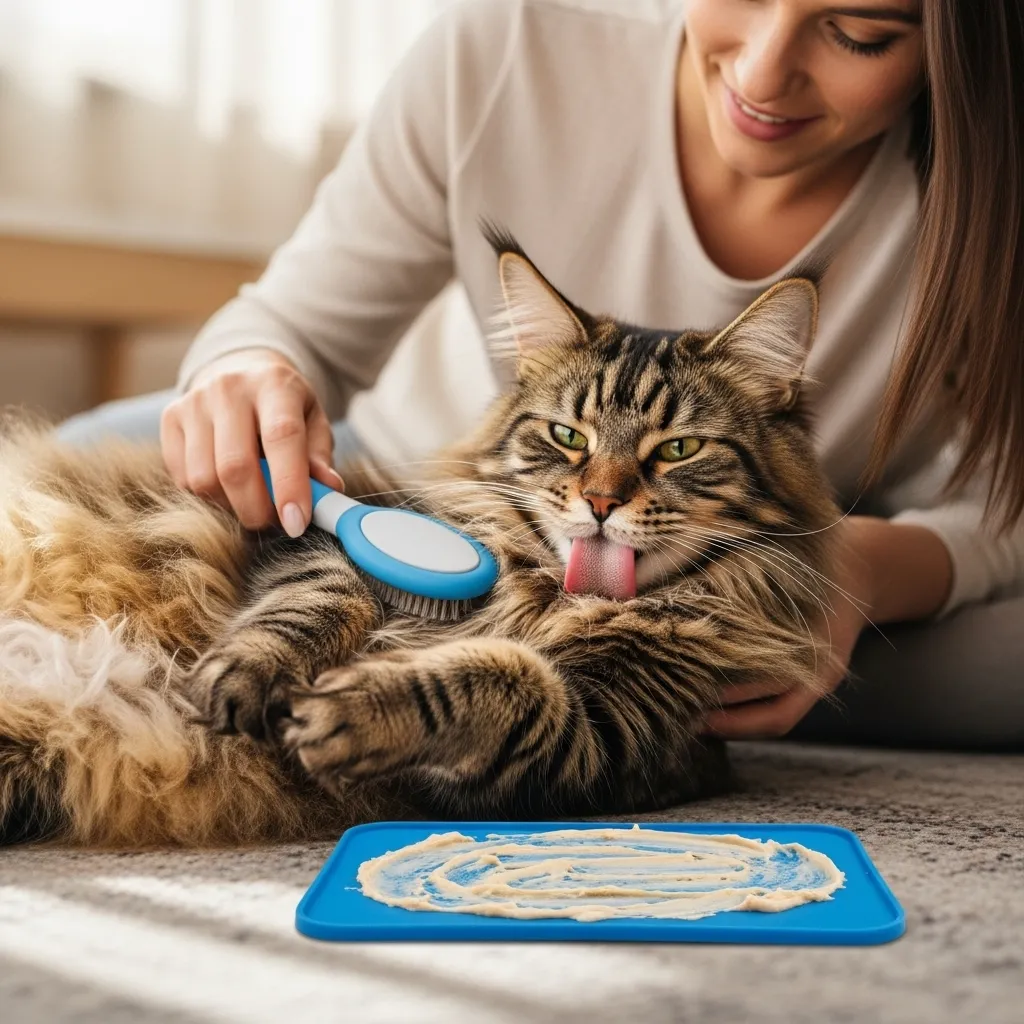 Long-haired cat grooming tips – belly brushing with treat distraction