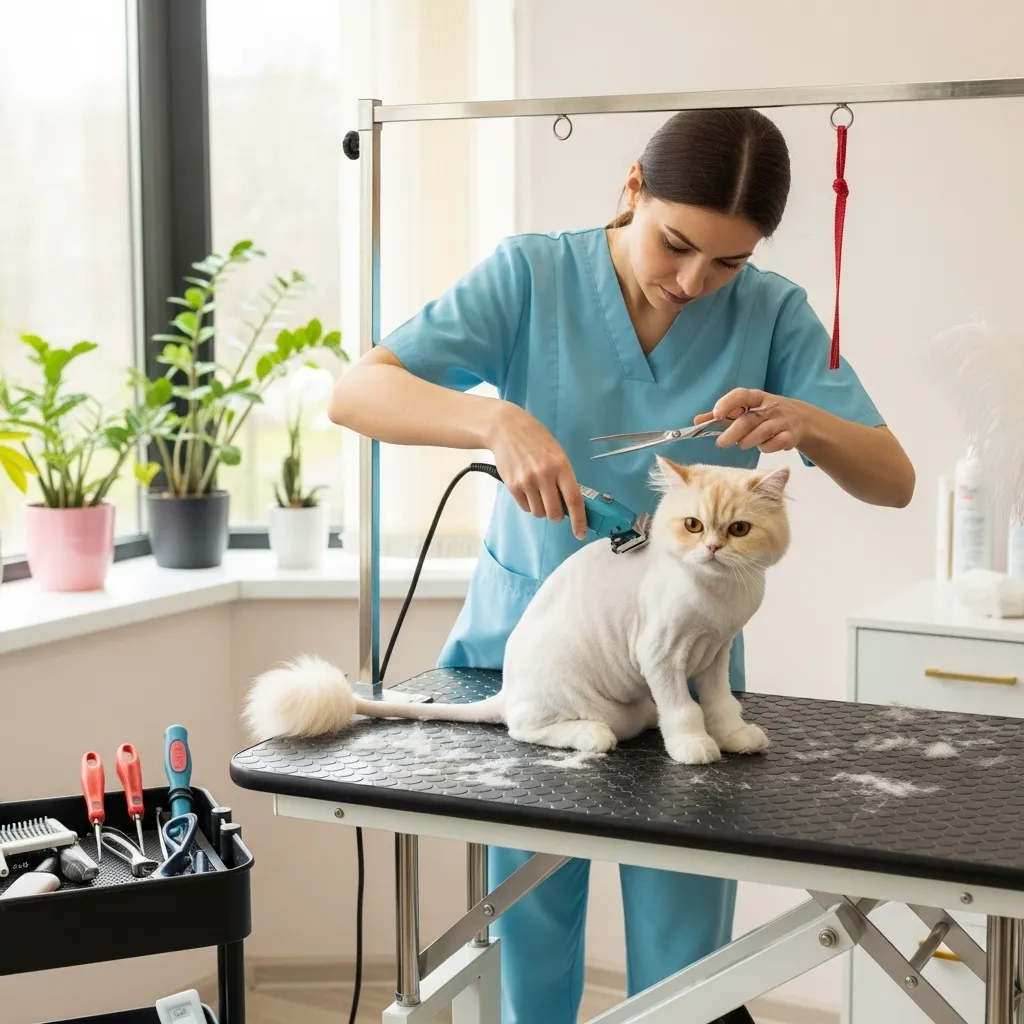 Professional cat grooming – lion cut on long-haired cat in salon