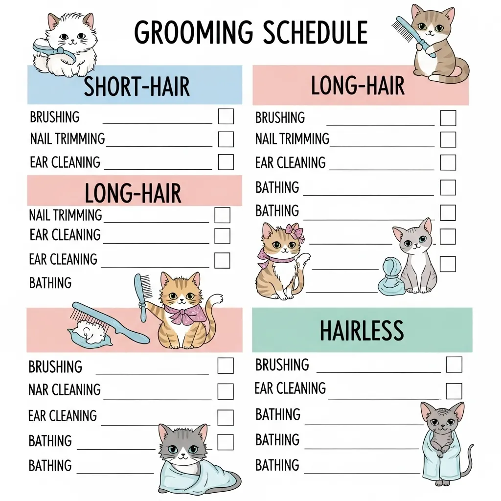 Cat grooming at home schedule – brushing, nails, and bath frequency chart