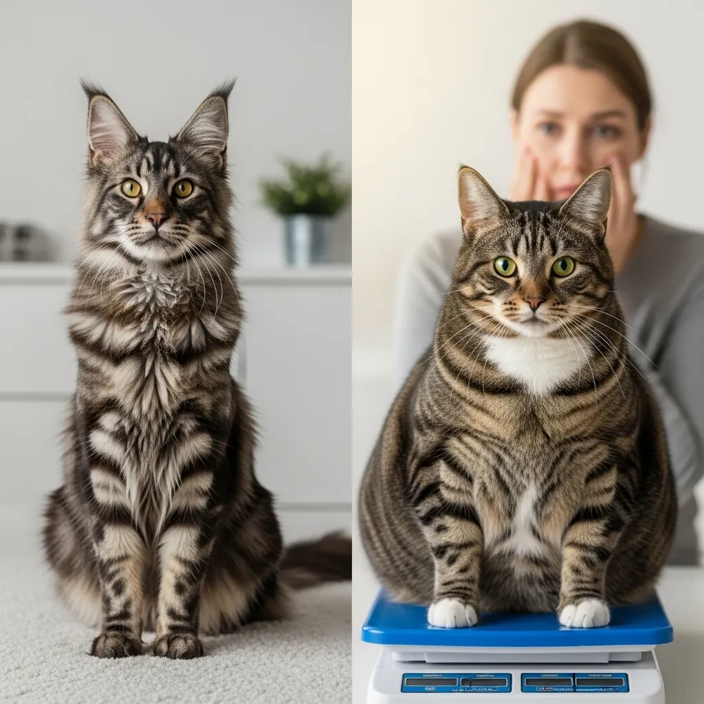Maine Coon vs overweight tabby cat on scale – why is my cat so big comparison
