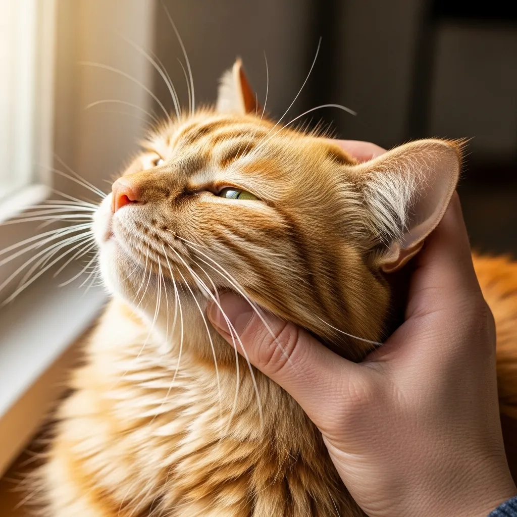 A person's hand gently stroking a relaxed cat, demonstrating trust and affection in the human-feline bond.