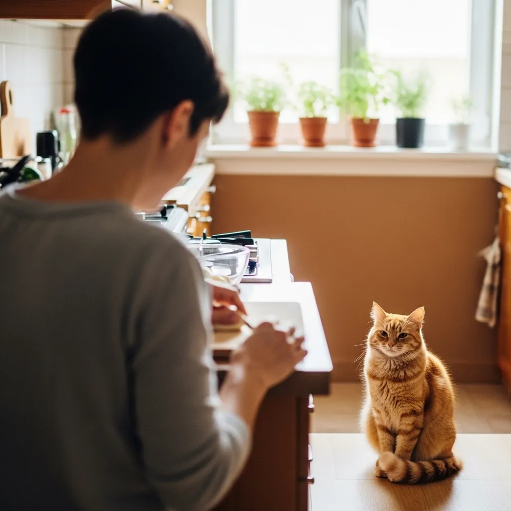 A cat following its owner into the kitchen, demonstrating the behavior of a cat being a quiet shadow