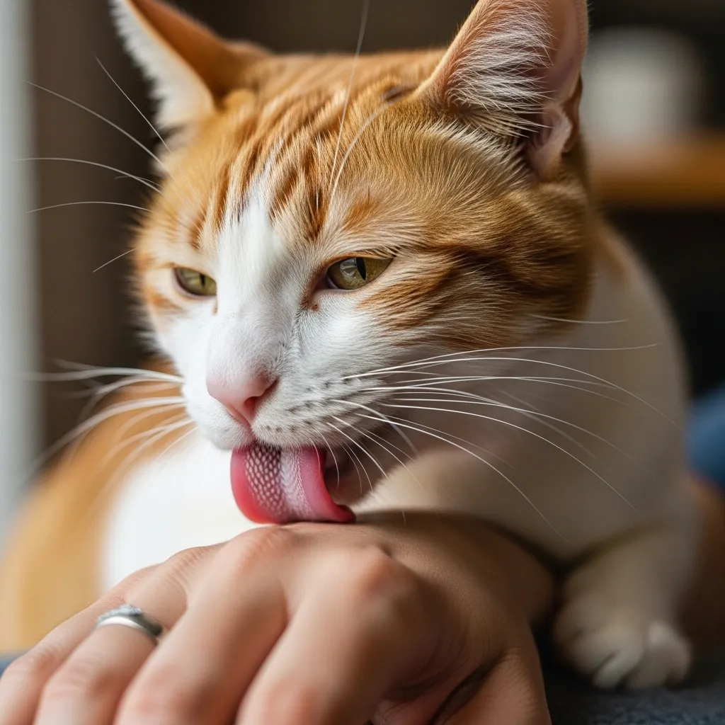  Close-up of a cat licking its owner's hand, a behavior known as allogrooming that signifies deep bonding.